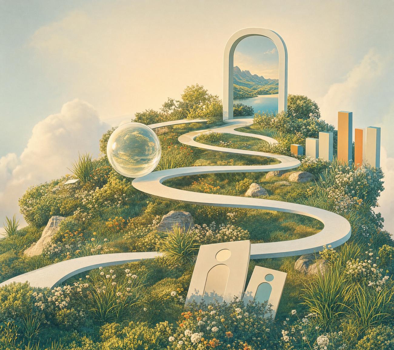 A path toward an open doorway, past structural shapes